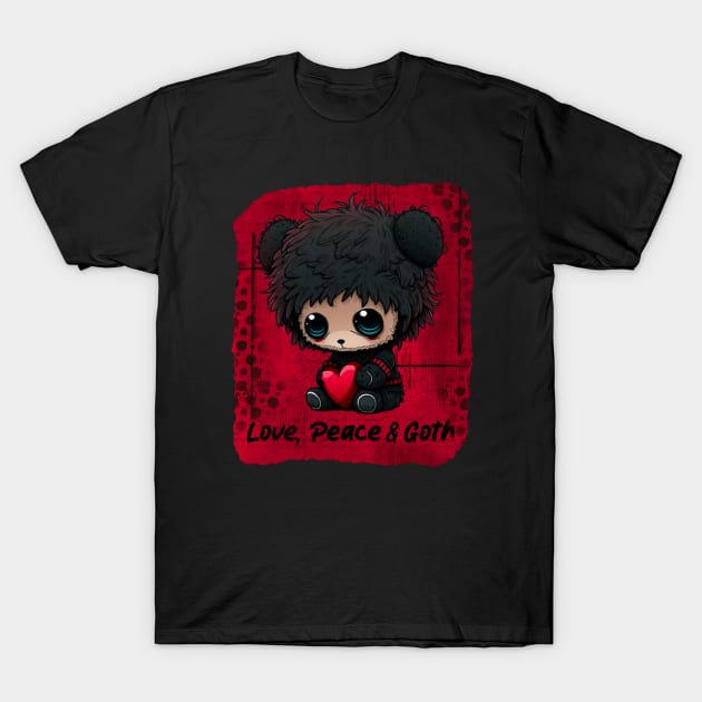 Cute Teddy Bear Love, Peace and Goth T-Shirt by Quirky And Funny Animals